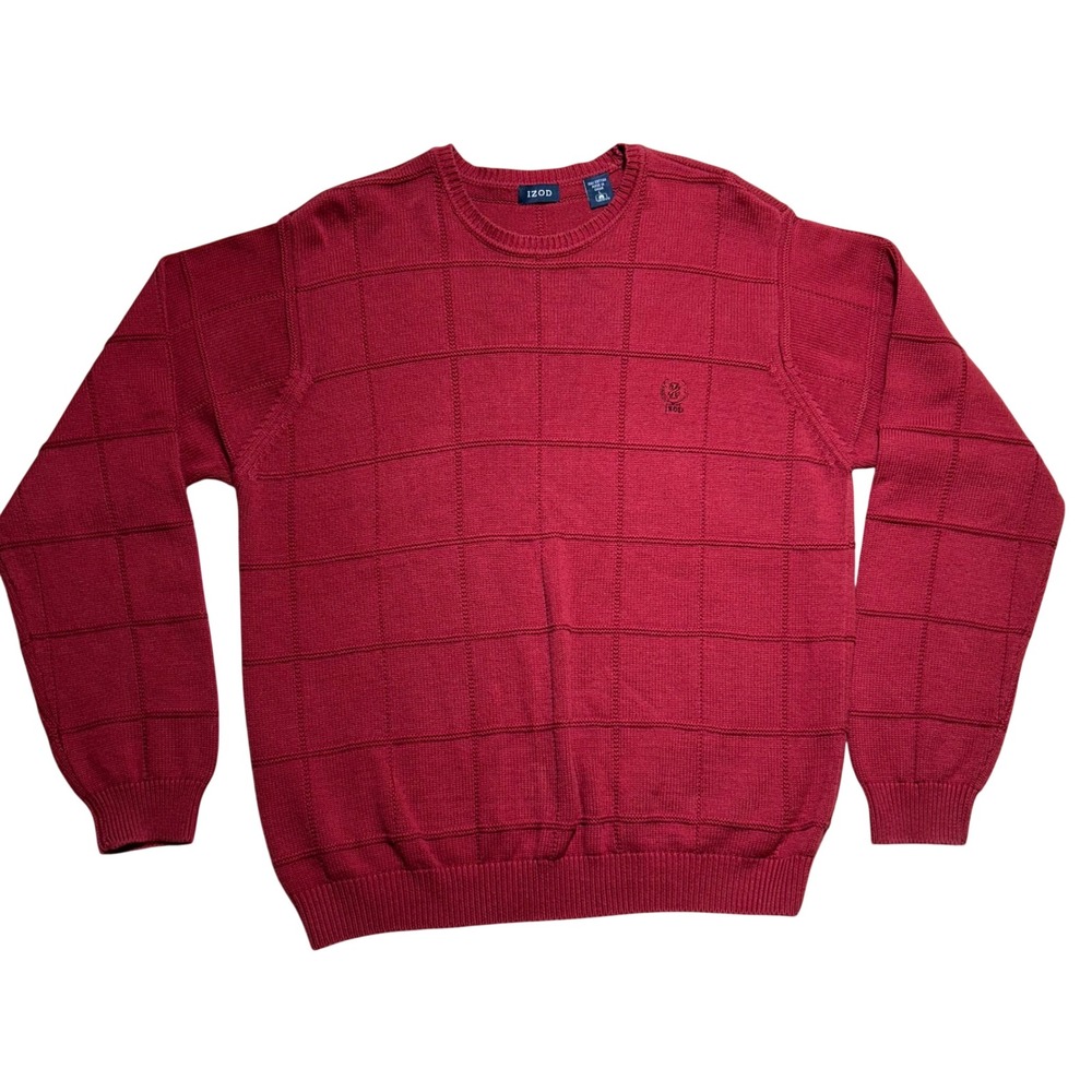 IZOD Mens Sweater Large Retro Red Cotton Windowpane Grid Crewneck